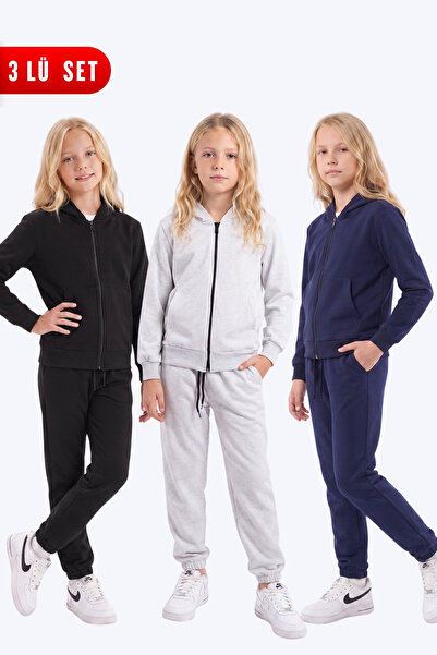FYK KİDS Girl's 3-Piece Plain Basic Zippered Hooded Double Pocket Tracksuit Set