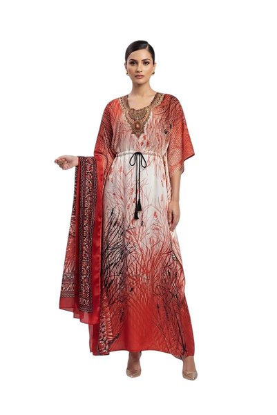 NO BRAND Women's Elegant Printed Kaftan Dress with Matching scarf