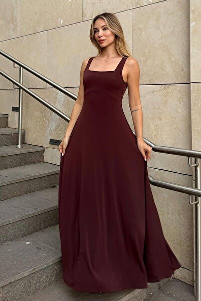 Swist Brown Una Thick Strap Square Neck Flared Detail Women's Midi Dress