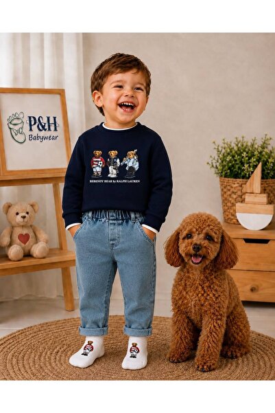 P&H BABYWEAR Digital Teddy Bear Printed Sweatshirt, Lycra Jeans, Socks, 3-Pie...