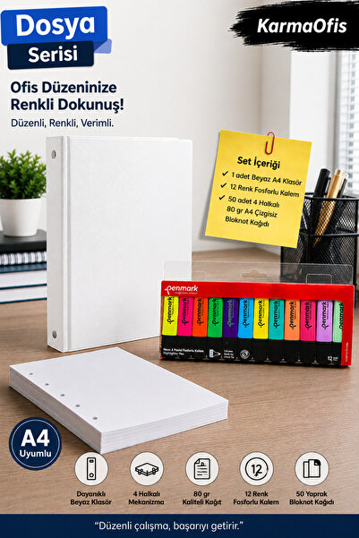 KarmaOfis A4 4-Ring White Folder Set – 6 Neon 6 Pastel 12 Color Highlighters ...