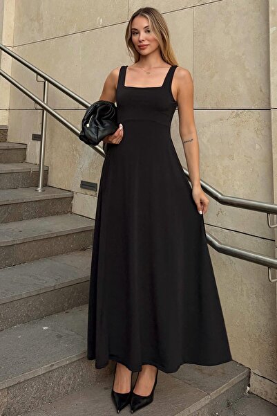 Swist Black Una Thick Strap Square Neck Flared Detail Women's Midi Dress