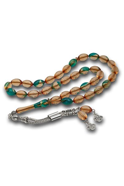 Inure Jewelry Turquoise Amber Crimped Amber Prayer Beads with Metal Tassels