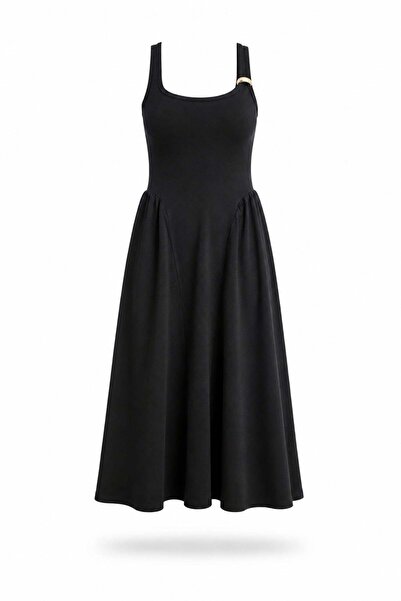 5in1Canpolat Black Flared Dress with Metal Accessories 261112