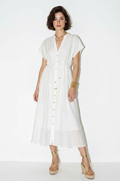 Efnaz style Women's V-Neck Lined Midi White Dress with Elastic Back and Pocke...