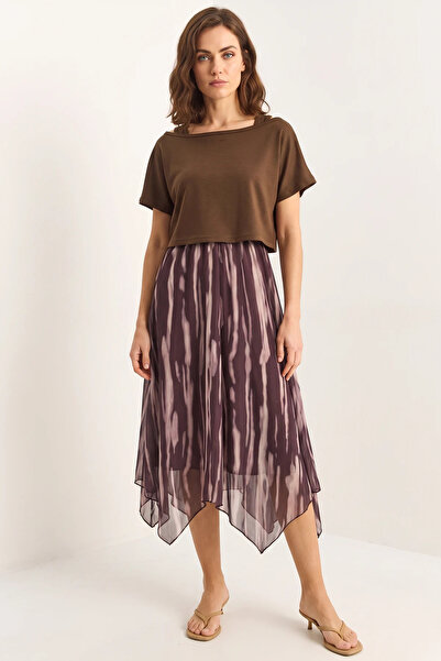ALFA AKSESUAR 03 Women's Crop T-Shirt Detailed Lined Strap Chiffon Midi Brown...