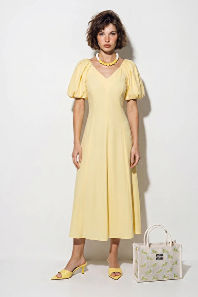 Efnaz style Women's V-Neck Waist-Fitted Balloon Sleeve Midi Modal Yellow Dress