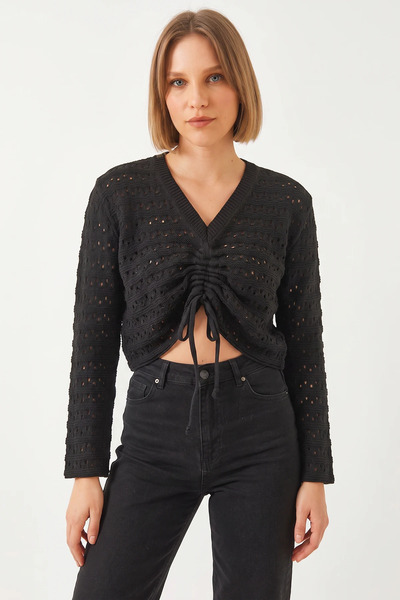 Efnaz style Women's Front Gathered Knitwear Black Sweater