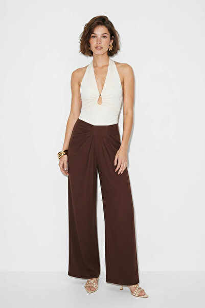 Efnaz style Women's High Waist Pleated Detailed Pocketed Wide Leg Bitter Brow...