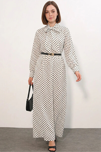 Efnaz style Women's Belted Polka Dot Hijab White Dress