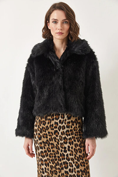 Efnaz style Women's Collared Faux Fur Lined Black Coat