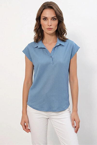 Efnaz style Women's Polo Neck Indigo Blouse