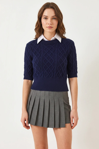 Efnaz style Women's Shirt Detailed Hair Braided Knitwear Navy Blue Sweater