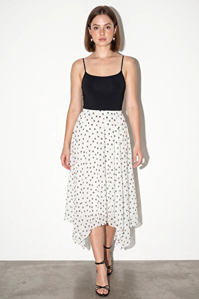 Efnaz style Women's Elastic Waist Asymmetrical Cut Lined Polka Dot Midi Ecru ...