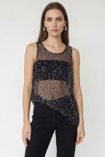 ALFA AKSESUAR 03 Women's Asymmetrical Cut Sequin Detailed Mesh Black Blouse
