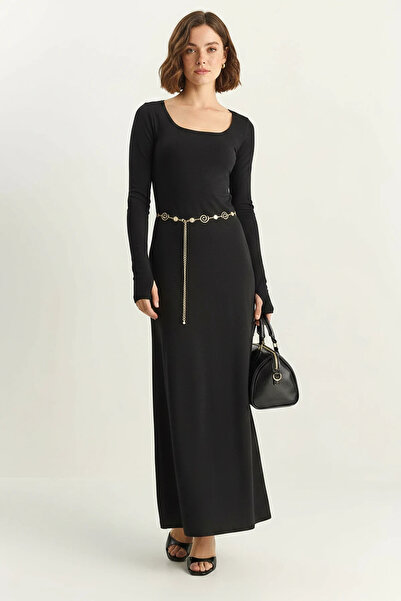 Efnaz style Women's Long Sleeve U-Neck Relaxed Black Dress