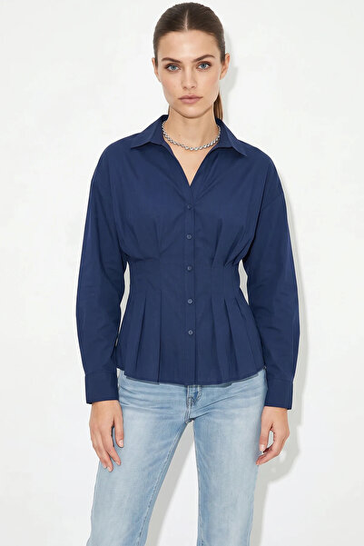 Efnaz style Women's Pleated Waist-Fitted Poplin Navy Blue Shirt