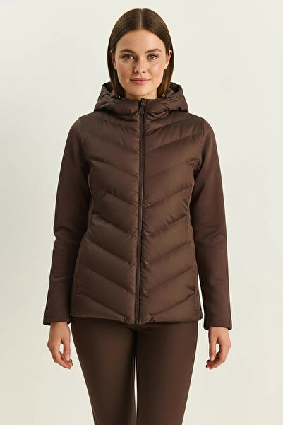 Efnaz style Women's Hooded Zippered Garnished Slim Fit Bitter Brown Coat
