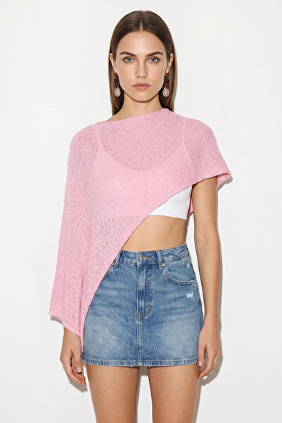 Efnaz style Women's Openwork Knitwear Asymmetrical Cut Pareo Pink
