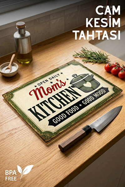 Nandy Home Mom's Kitchen Desenli Cam Kesme Tahtası - 25x35cm - Dayanıklı ve P...