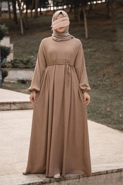 Sahra Vera Bej Robalı Oversize Elbise 5110