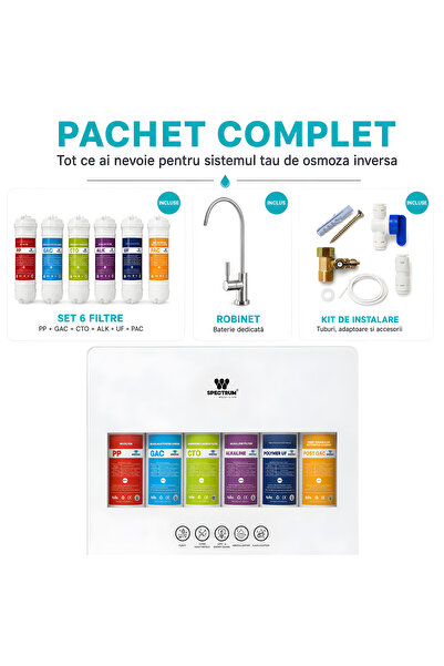 SPECTRUM WATER Sistem ultrafiltrare apă PROAQUA 6, 6 stadii, membrană UF 0,01 microni, alcalinizare, debit 2,5 l/min, 8000 L, fără rezervor, baterie inclusă