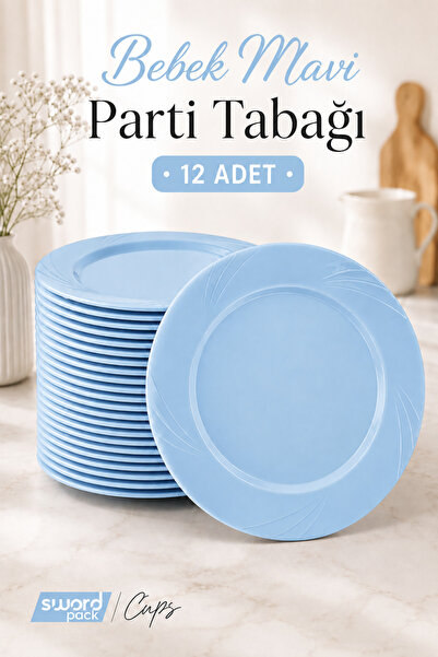 sword pack 12'li Lüks Bebek Mavisi Plastik Parti Tabağı - Gıda Temasına Uygun...