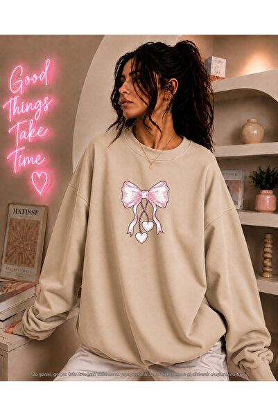 caddekombin Women's Heart Pink Ribbon Printed Round Neck Long Sleeve Sweatshirt