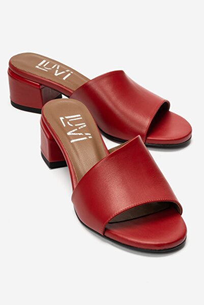 LuviShoes Delavie Red Skin Genuine Leather Women's Thick Heeled Slippers