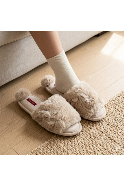 Generic Brand "Berry Cozy" Soft Fur Slippers with Raccoon Ear Design - Beige ...