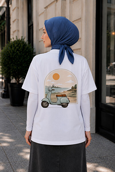 BAGAND Premium Coast and Retro Scooter Printed Oversize T-Shirt Vintage Sunse...