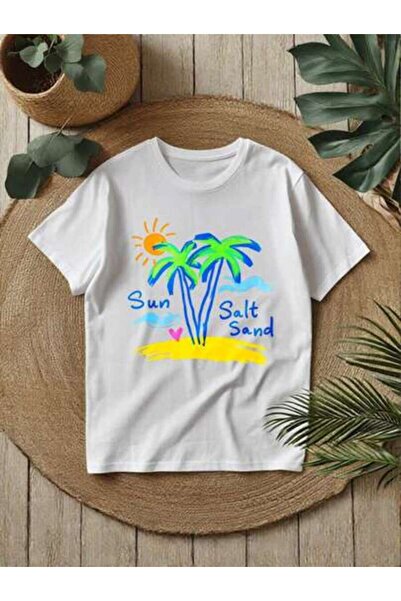 kai22 Women's Y2K White T-Shirt Tropical Palm Tree Sun Pattern - Crew Neck, S...