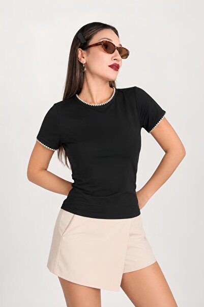 MOVİMENT Black 100% Cotton Basic T-Shirt with Contrast Stitching Detail |   C...