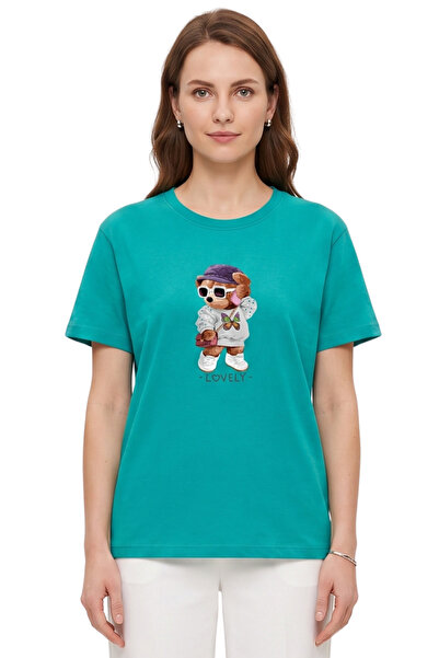 DK DAKSEL Women's Green Lovely Teddy Bear Printed T-Shirt 100% Cotton Comfort...