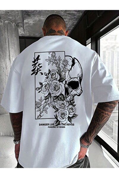 ZAVIXO Kuru Kafa ve Gül Baskılı Oversize Unisex T-Shirt Büyük Sırt Baskılı Bi...