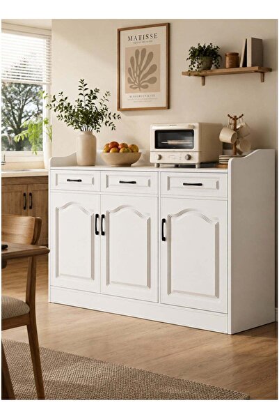 NKX White Kitchen Sideboard Cabinet with 3 Drawers & 3 Door Storage | Modern ...