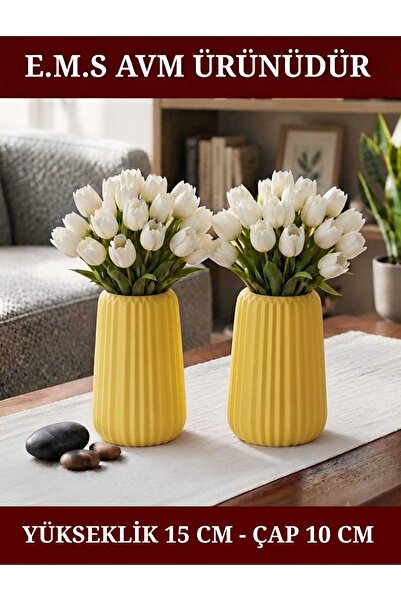 E.M.S AVM 2 Pieces Yellow Color Striped Large Size Vase Conical Scandinavian ...
