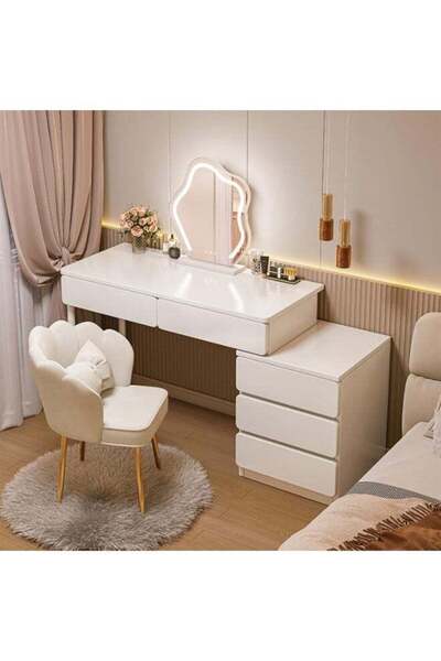 CityRiya -Long Vanity Desk, Dressing Table Set, White Makeup Table, 100cm Mak...