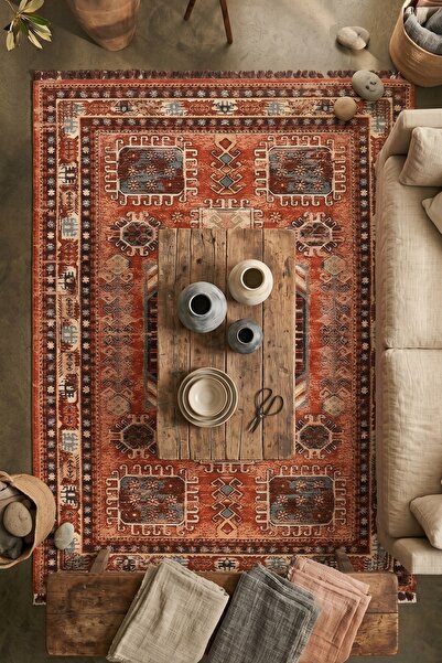 Halispecial Karel Geometrik Eskitme Motifli Kiremit Etnik Dokuma Kilim – Salo...