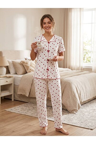 Arvin Pijama Kadın Renkli Baskılı Milan Fiyonklu Kısa Kollu Pijama Takımı
