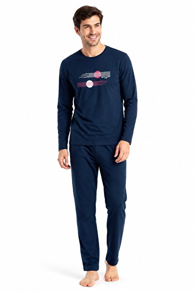 Pierre Cardin Men's Pajama Set, Crew Neck, Cotton, Geometric Line Circle Printed