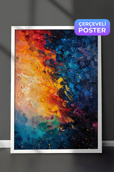 Zestia Pictură murală în ulei abstractă înrămată în alb, textură colorată a c...