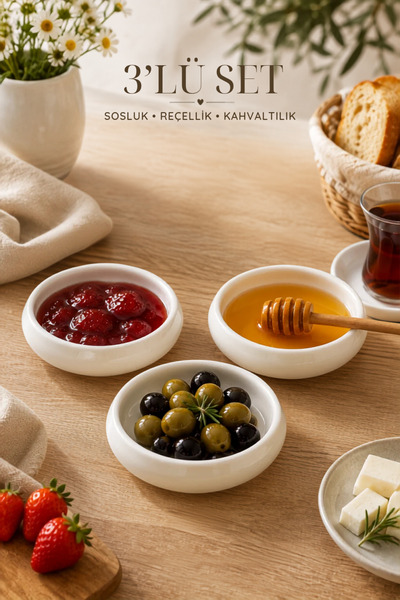 Le Paon 3'lü Set 10.5 cm Porselen Kase - Kahvaltılık Sosluk, Reçellik, Çerezl...