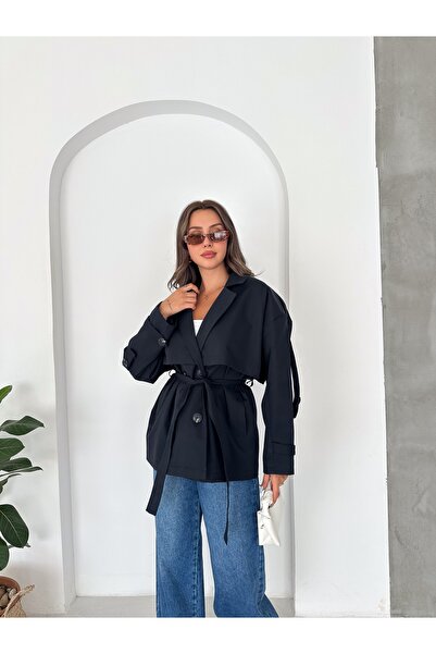 Bella Breeze معطف نسائي متوسط الطول بحزام وتفاصيل مقاومة للرياح