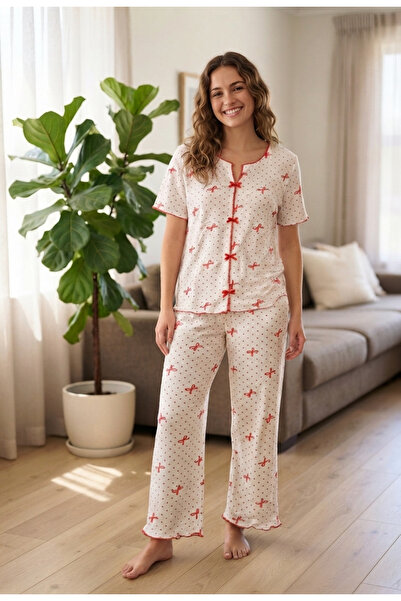 Chordi Set de pijamale pentru femei, 100% bumbac, cu detaliu fundă Alaçatı, c...