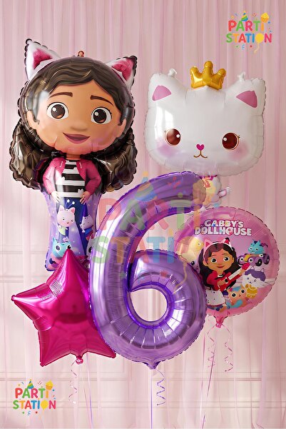 Parti Station Gabby Dollhouse Balloon Set 7 Years Old 5 Piece Gabby Cat Ballo...