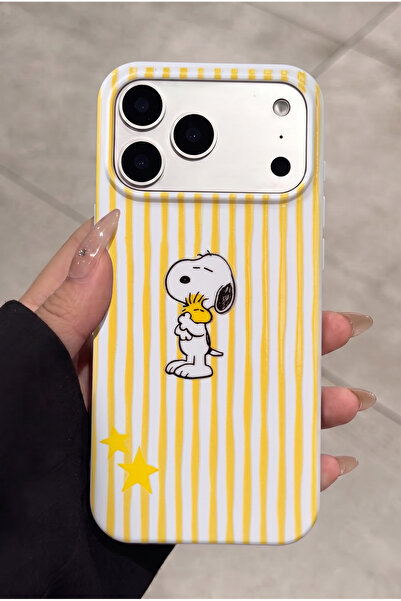 KVK PRİVACY iPhone 17 Pro Max Uyumlu Snoopy Desenli Sarı Çizgili Yıldızlı Kad...
