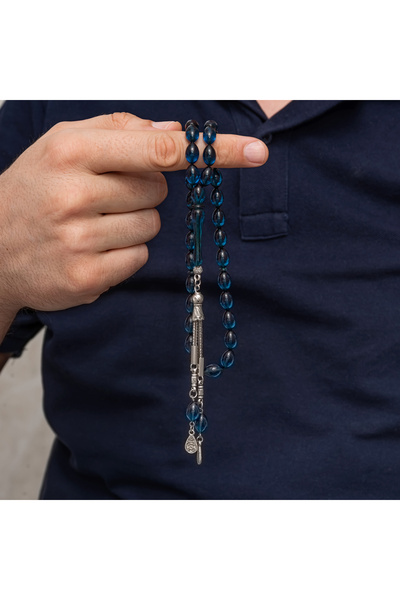 FM 💎   Premium Shiny Antique Metal Tasseled Petrol Blue Barley Cut Amber Stylish Gift Prayer Beads