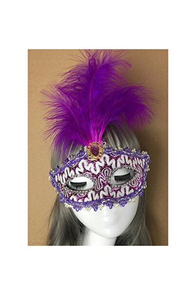 pınaxar Purple Lace Embroidered Purple Feather Ball Party Mask 17X20 cm