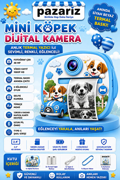 pazariz Çocuk Dijital Kamera Köpek Temalı Termal Yazıcılı 2.4 İnç Ekran Fotoğraf Video Selfie 3 Oyunlu Anında Baskı Makinesi Print Kamera Çift Kamera, Silikon Kılıf